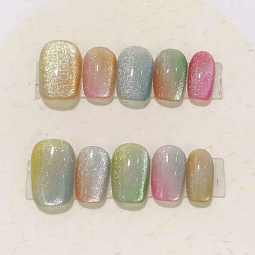 10Pcs Colorful Cat Eye Fake Nails Simple Dreamy Artificial Nails with Bubble Diamonds Press on Nail Wearable Short Square Nails